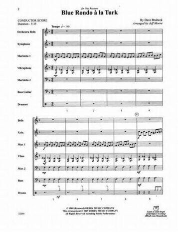 Blue Rondo a la Turk, For Percussion Sextet with Optional Bass Guitar (Partituur + Partijen)